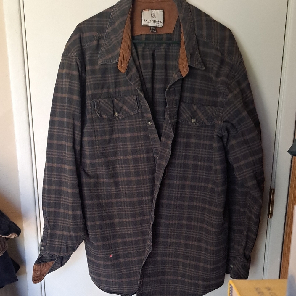 Legendary Whitetails Men's Dark Brown Plaid Shirt Jacket with Suede Trim